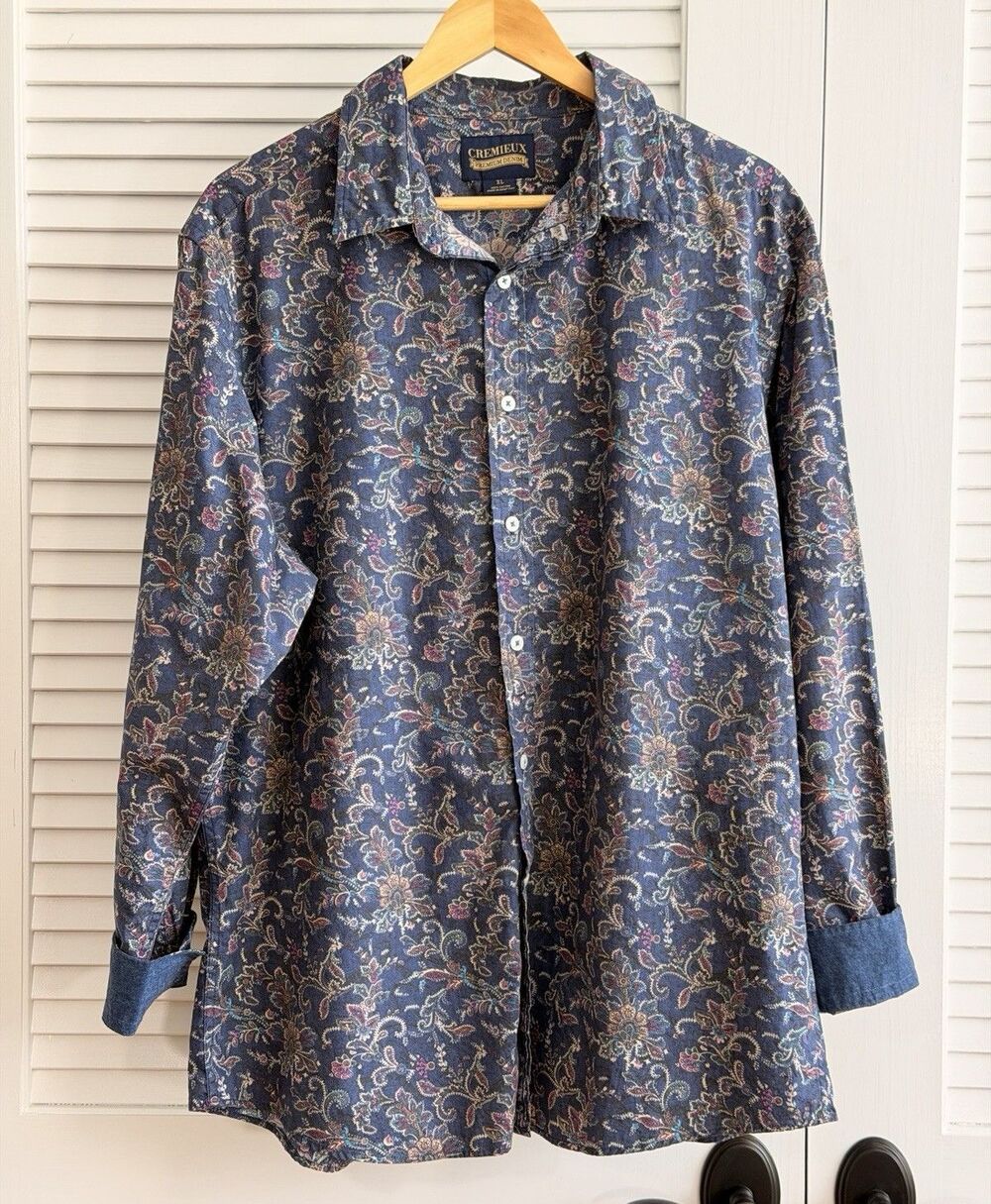 Cremieux Premium Denim Men’s XL Paisley Floral Button Down Shirt Blue Cotton